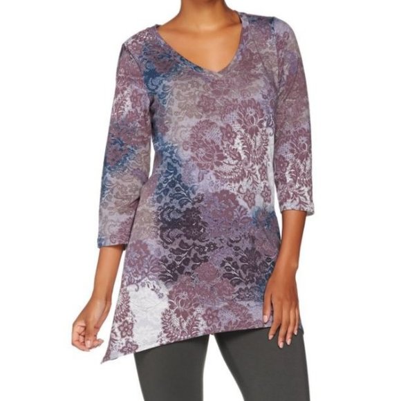LOGO by Lori Goldstein Tops - LOGO French Terry Printed Top w/ Asymmetric Hem